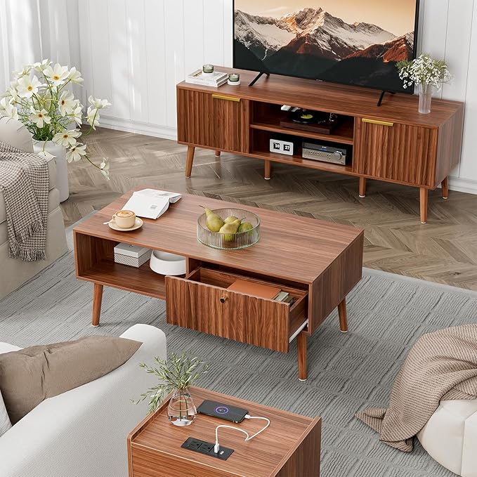 Coffee Table with Storage, Mid Century Dining Table with Fluted Drawer and Solid Wood Legs, Small Coffee Tables for Living Room, Walnut-Ruum Studio Home