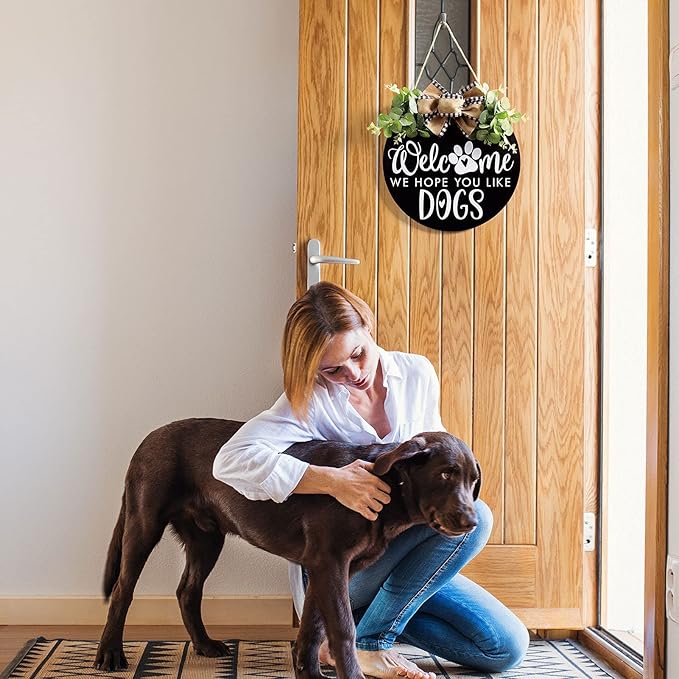 Welcome We Hope You Like Dogs Farmhouse Door Sign for Front Door Porch Decor with Eucalyptus Leaves & Buffalo Bow - Welcome Wreath Sign Hanging for Dogs Lovers Spring Summer Decor Housewarming Gift-Ruum Studio Home