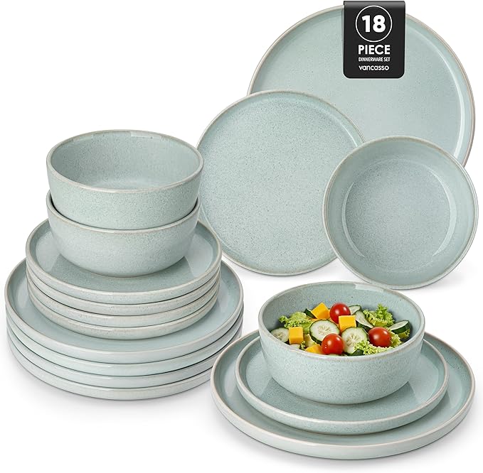 vancasso ANYA 18 Pieces Plates and Bowls Set, Mint Green Dinnerware Sets, Reactive Glaze Dishes Set for 6, Ceramic Dishware Sets Kitchen Dinner Set, Microwave & Dishwasher Safe-Ruum Studio Home