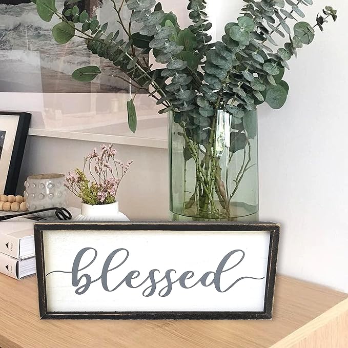 Rustic Blessed Freestanding Sign Home Decor for Living Room - Farmhouse Framed Blessed Wall Art Solid Wood Grey 12x5 Inches-Ruum Studio Home