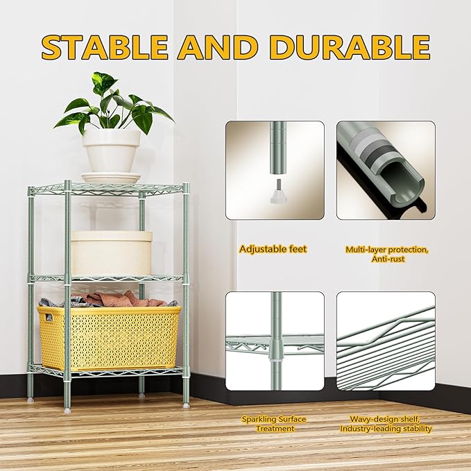 750 lbs 3-Shelf Storage Shelves Wire Shelving Unit Standing Metal Rack for Small Places Narrow Wire Rack for Bathroom, Green 13.8 D x 13.8" W x 25.5" H-Ruum Studio Home