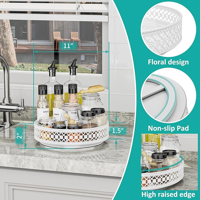 Ovicar Lazy Susan Organizer Turntable - 11 inch Rotating Spice Rack Metal Lazy Susan for Cabinet Pantry Kitchen Countertop Dining Table Cupboard Bathroom Refrigerator Vanity (11 inch White)-Ruum Studio Home