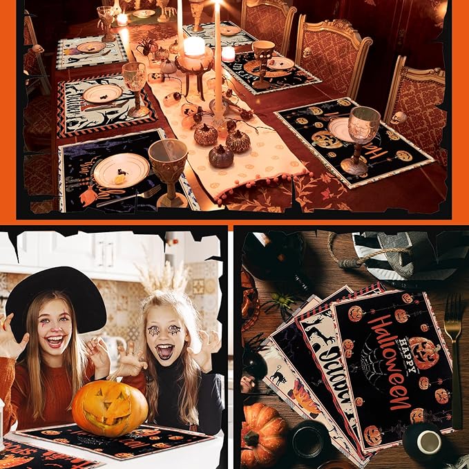 Umigy 6 Pcs Halloween Placemats 12"x18" Gothic Bat Placemats Kitchen Decoration Washable Witch Place Mats Rectangle Skull Table Mats for Halloween Dining Table Accessories(Classic)-Ruum Studio Home