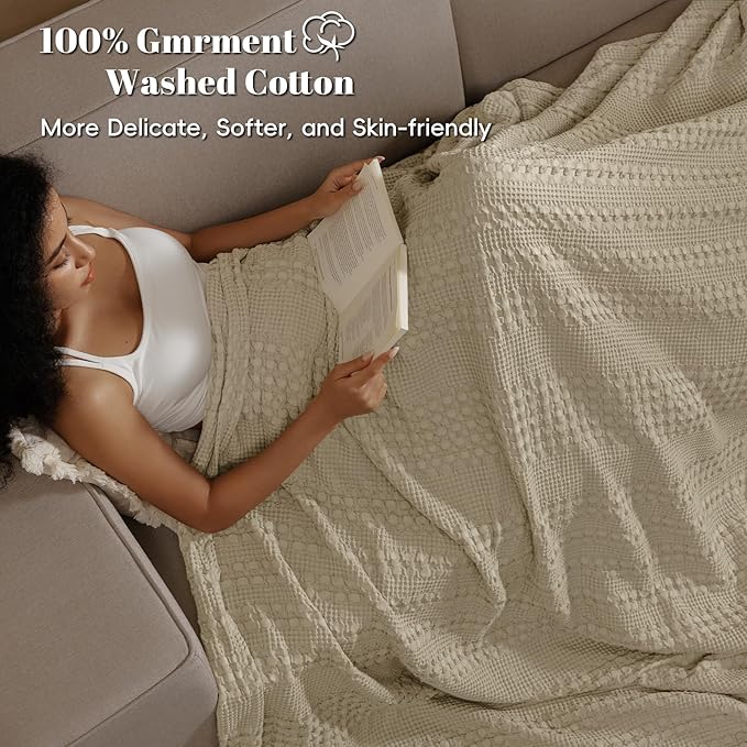PHF 100% Cotton Waffle Weave Blanket King Size, Soft Lightweight Breathable Cozy Summer Blankets for Bed, Luxury Aesthetic Woven Bedding for Home Decor, 108"x90", Khaki-Ruum Studio Home