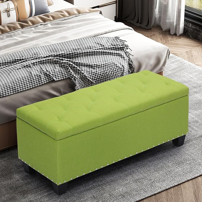 MoNiBloom 42 Inch Long Bench with Storage, Modern 40L Inner Space Green Linen Foot Stool for Bedroom, Upholstered Padded Rectangular Fabric Tufted Bench Footrest with Wood Legs with 660 Lbs Capacity-Ruum Studio Home