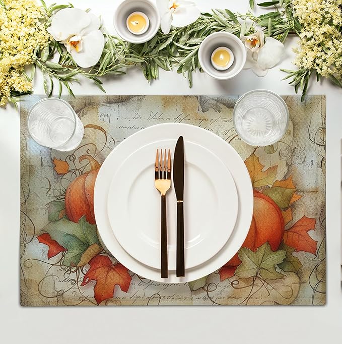 Fall Pumpkin Maple Leaf Placemats Set of 4, 12x18 Inch Vintage Autumn Harvest Rustic Leaves Table Mats Seasonal Fall Thanksgiving Washable Linen Fabric Place Mats for Party Kitchen Dining Decor-Ruum Studio Home