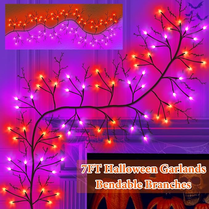 7 Ft Halloween Decorations Willow Vine Twig Garland with 8 Modes Timer 63 LED Orange Purple Lights, Halloween Garland with Waterproof Battery Operated for Wall Fireplace Decorations Indoor Outdoor-Ruum Studio Home