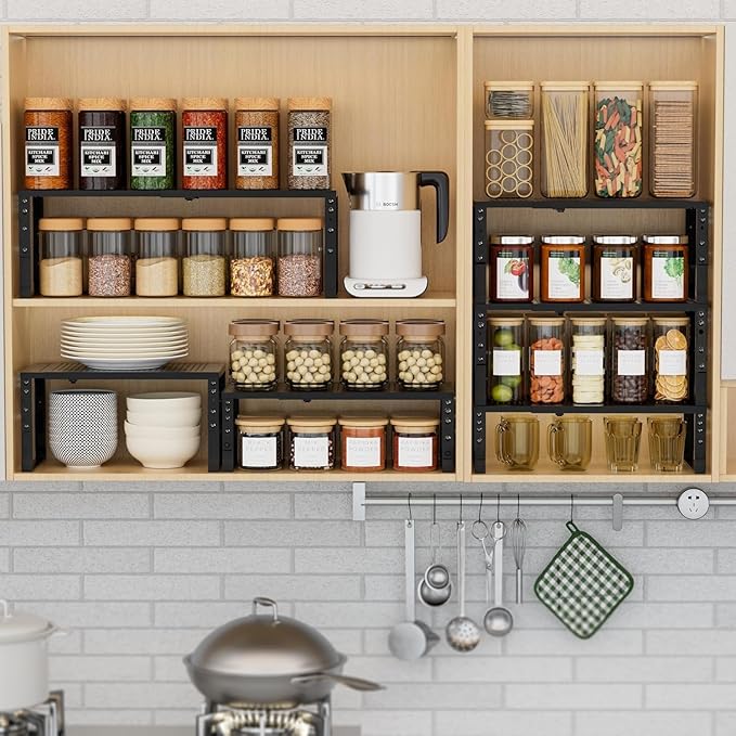 Expandable Spice Rack Kitchen Cabinet Shelf Organizer, Stackable Storage Shelves Racks, Adjustable Counter Shelving for Cabinets, Countertop, Cupboard,Pantry and More(2Packs/Black/Large)-Ruum Studio Home