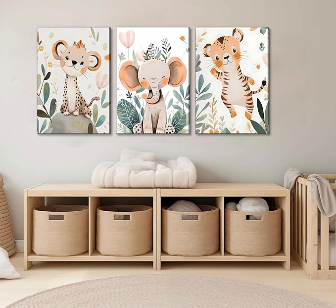 3 Pcs Safari Animals Nursery Canvas Wall Art Jungle Animals Cheetah Elephant Tiger Kids Room Illustration Pictures Wall Decor Posters Print Artwork for Classroom Boy's Girl's Room Bedroom-Ruum Studio Home