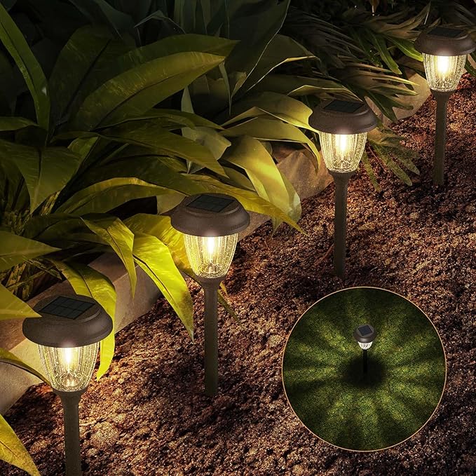 XMCOSY+ Solar Lights Outdoor 10/25 LM LED with 2 Lighting Modes, Solar Garden Lights Glass and Metal, IP65 Waterproof Solar Powered for Yard Pathway Walkway Driveway Patio (6 Pack, Warm White)-Ruum Studio Home