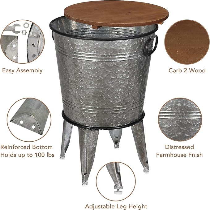 Rustee Rustic Storage Farmhouse Accent Side Table,Antique Galvanized Metal End Coffee Cocktail Table Box Bin with Round Wooden Lid Set of 2 (Galvanized),HC2009WT,One size-Ruum Studio Home