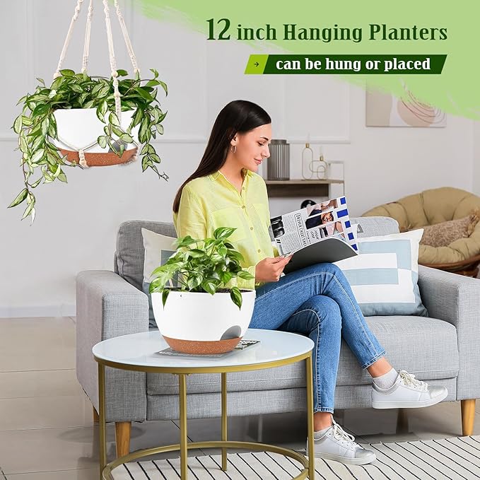 Hanging Planters for Outdoor Indoor Plants, 2 Pack 12 Inch Hanging Basket Plants Outdoor, Self Watering Hanging Planter with Plant Hanger for Garden Home Decoration (White)-Ruum Studio Home