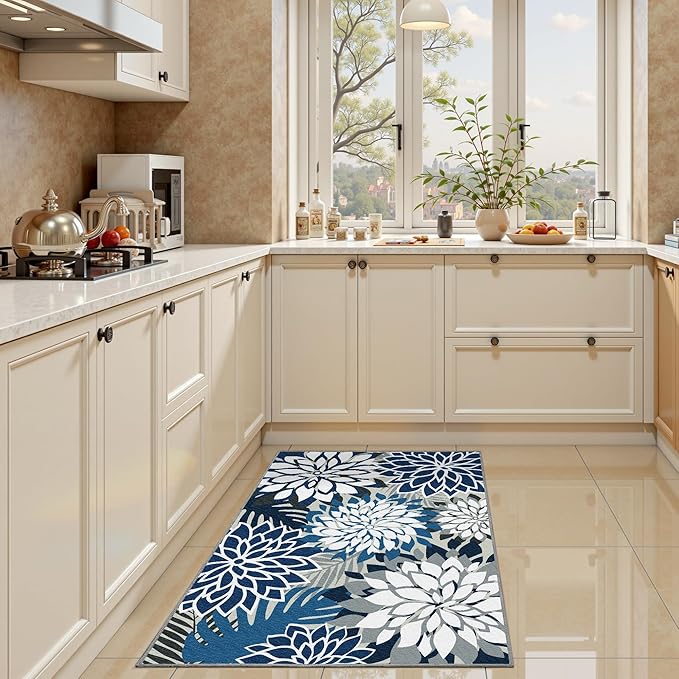 Area Rug 2x3 Blue White Washable Entry Small Rug Multicolored Tropical Botanical Modern Floral Indoor Kitchen Door Mat Entrance Carpet Non Slip for Bedroom Living Room, Porch-Ruum Studio Home