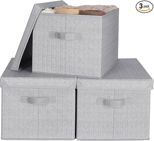 WUIKE 3 Pack Extra Large Foldable Storage Bins with Lids, Fabric Storage Bins for Home and Closet Organization, Herringbone Gray-Ruum Studio Home
