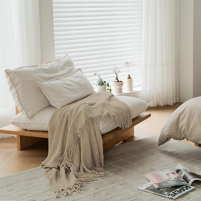 lifein Throw Blanket for Couch, Soft Boho Decor Bed Throw,Cozy Beige Knitted Chenille Small Farmhouse Lightweight Throw for Spring(Beige,50 * 60")-Ruum Studio Home