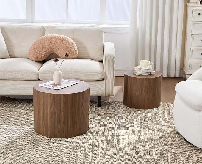 CIMOTA Round Wood Nesting Coffee Table Set of 2, Modern Circle Travertine End Side Table Sets for Living Room, Walnut Wooden Color/No Assembling-Ruum Studio Home