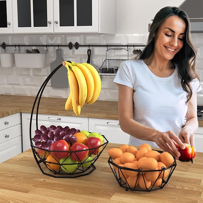 Fruit Basket with Banana Hanger and Fruit Bowl. Kitchen Counter Fruit Bowl with Banana Holder used as Bread, Vegetable or Produce Basket, Egg Holder, 2 Tier-Ruum Studio Home