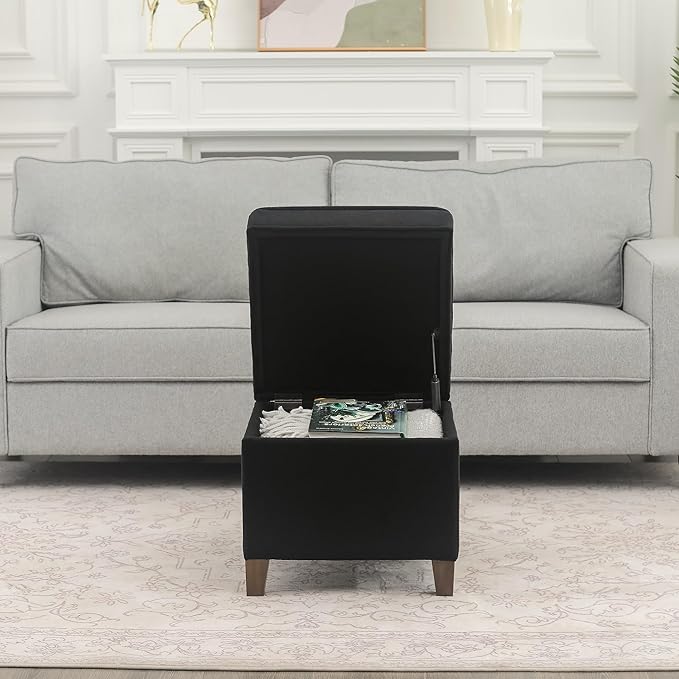 Adeco 17.5" Square Fabric Ottoman with Storage - Upholstered Cotton Linen Foot Rest - Flip Top Footstool with Sturdy Wood Legs, Small Cube Coffee Table Extra Seat for Living Room, Bedroom, Black-Ruum Studio Home