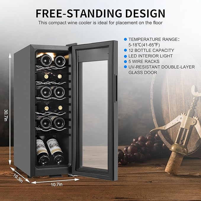 Wine Cooler Refrigerator 12 Bottles, Small Wine Fridge Mini Wine Fridge Countertop with Glass Door Wine Cellars for Red Wine, Champagne, Dry White Wine, Sparkling Wines-Ruum Studio Home