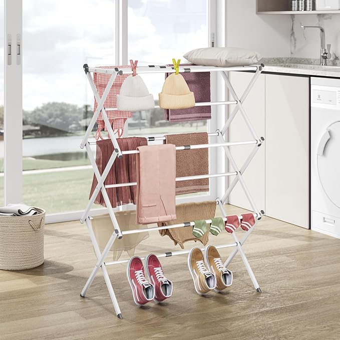 APEXCHASER Clothes Drying Rack, 3-Tier Laundry Drying Rack for Clothes, Expandable Metal Clothing Dryer, Collapsible Towel Rack, Air Drying Rack, White-Ruum Studio Home