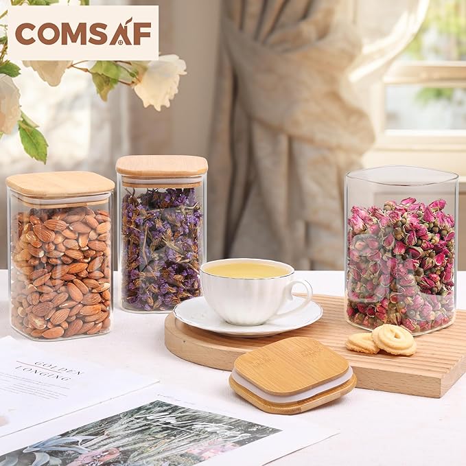 ComSaf 1.2 Qt Glass Storage Containers with Lids, Glass Jars with Lids, Clear Food Storage Jar, Square Canister Set of 9, Pantry Organizers and Storage for Cookie Flour Oat Pasta Tea Coffee Bean-Ruum Studio Home