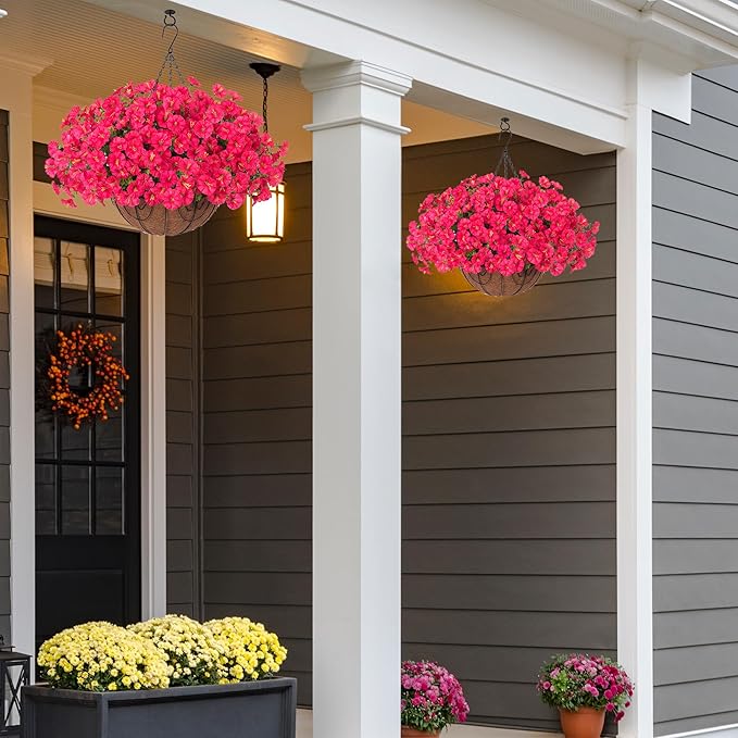 Artificial Faux Hanging Plants Flowers Basket for Outdoor Outside Spring Summer Decoration, Silk Morning Glory in Planter UV Resistant Look Real Fake Flower for Porch Patio Balcony Home Yard, Hot Pink-Ruum Studio Home