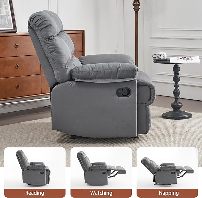 Rocker Recliner Chair, Overstuffed Manual Rocking Recliner for Adults, Upholstered Comfy Soft Fabric Living Room Reclining Sofa Chair(Gray)-Ruum Studio Home