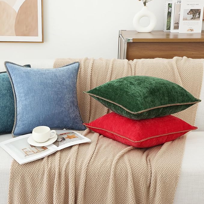 decorUhome Chenille Soft Throw Pillow Covers 20x20 Set of 2, Farmhouse Velvet Neutral Decorative Euro Pillow Covers with Stitched Edge for Couch Sofa Bed Home Decor, Red-Ruum Studio Home