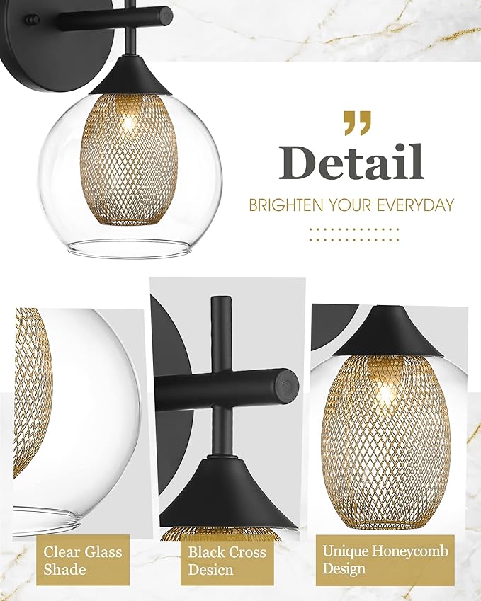 Black Wall Sconce Set of 2, Bathroom Vanity Light Fixture with Clear Glass and Honeycomb Metal Shade, Sconces Wall Lighting for Mirror Bedroom Hallway, AD-22001-1W2-BK-Ruum Studio Home