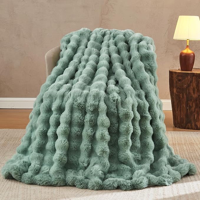 Lotus Karen Faux Fur Throw Blanket Sage Green - Big Bubble Rabbit Fluff Blanket for Couch Bed Sofa,Softest Fluffy Fuzzy Cozy Blanket,Plush Thick Furry Shaggy Warm Blankets for Women,60x80 Inches-Ruum Studio Home