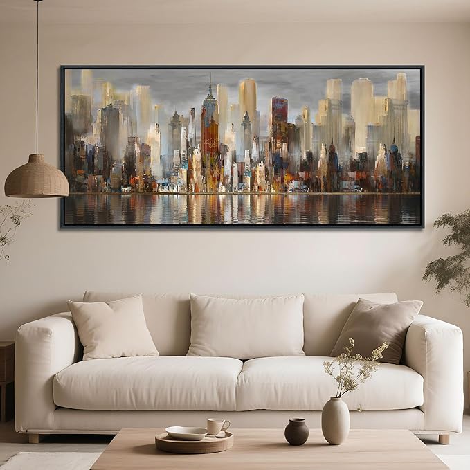 Framed Large Cityscape New York Wall Art Canvas Prints Abstract Brown City Theme Paintings Modern Canvas Wall Art for Living Room Pictures Wall Decor Bedroom Big Size 31x70-Ruum Studio Home
