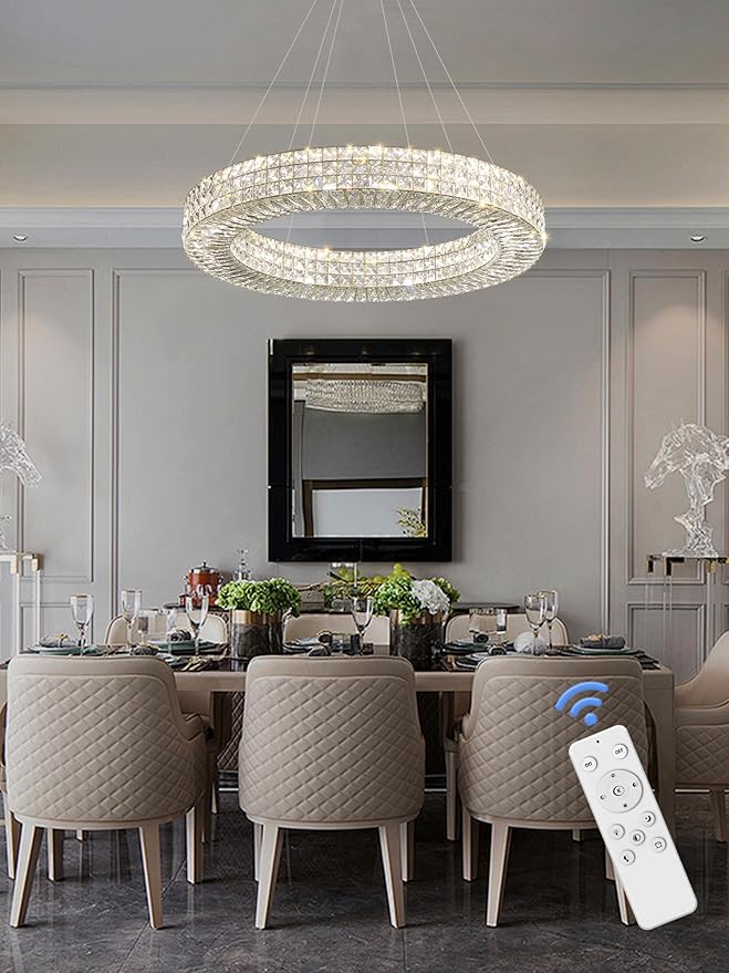 Dia 32" Ring Crystal Chandelier Modern Gold Chandelier Adjustable Height Luxury Crystal Pendant Ceiling Light Fixture for Dining Living Room Bedroom-Ruum Studio Home