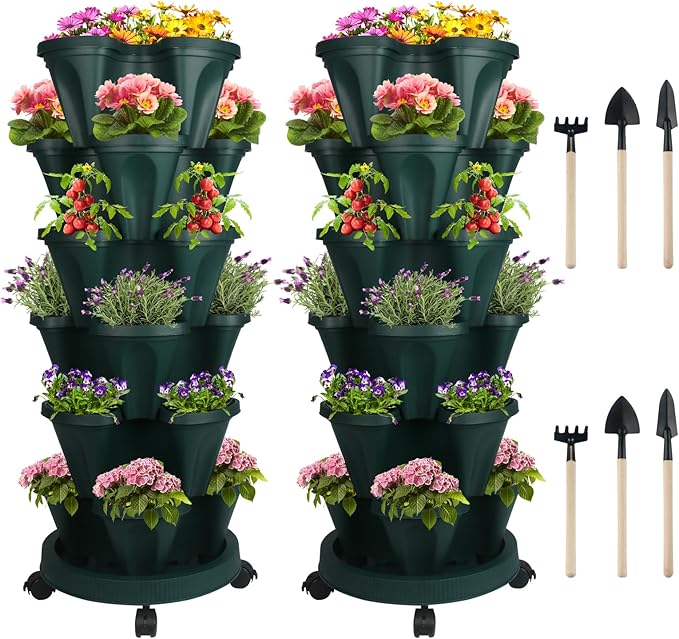 Vertical Planter 6 Tier Stackable Planters Garden Planters Strawberry Herb Flower and Vegetable Planter Indoor Outdoor Gardening Pots with Removable Wheels and Tools 2-Pack-Ruum Studio Home