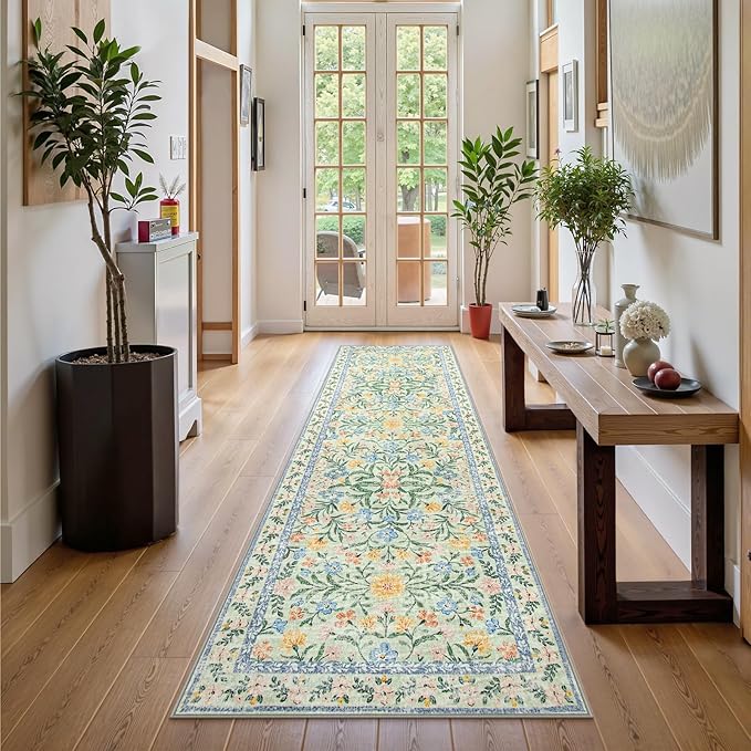 Wonnitar Washable Runners for Hallways, 2'6''x8' Floral Green Runner Rug for Kitchen Bathroom, Boho 8ft Non Silp Extra Long Rugs for Entryway Bedroom Laundry-Ruum Studio Home