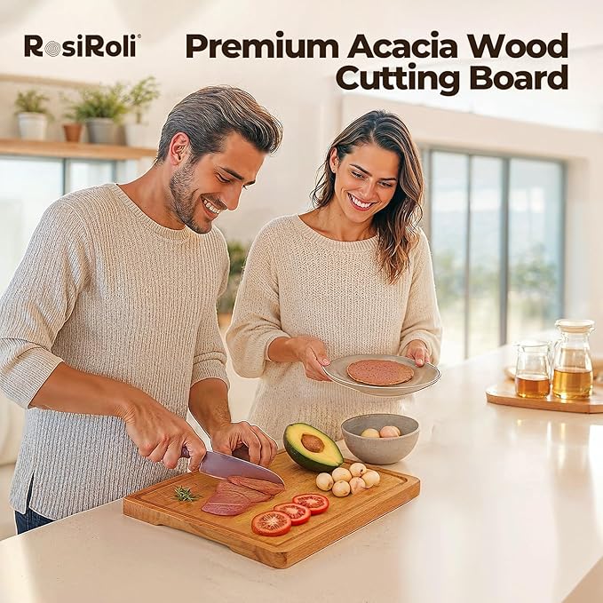 Acacia Wood Cutting Board for Kitchen - 0.8 inch Thick Wood Charcuterie Cheese Board with Side Handles and Juice Grooves, Wooden Chopping Block for Meat and Veggies, 13x10 inch-Ruum Studio Home