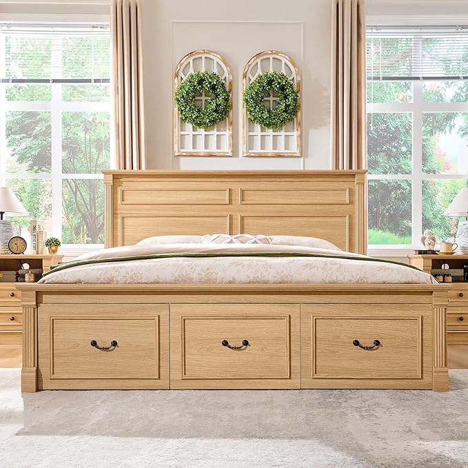 26" Tall Farmhouse Nightstand, 2 Drawers End Table w/Charging Station, 23.6" Wide Large Side Table w/Roman Column, Wood Rustic Sofa Table w/Open Shelf, Bedside Table for Bedroom, Natrual-Ruum Studio Home