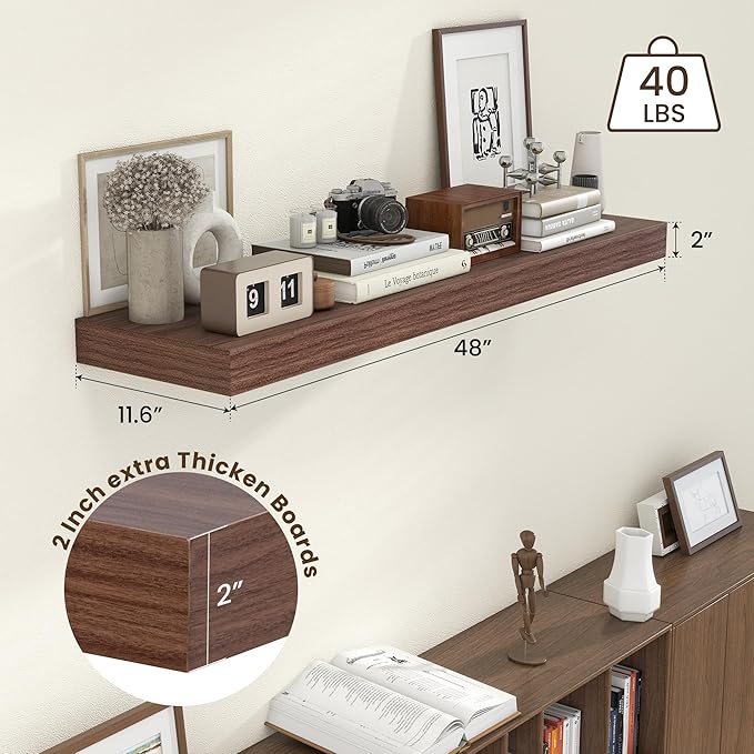 12 Inch Deep Floating Shelves, 48W x 12D Rustic Large Floating Shelves, Deep Walnut Wood Wall Shelves Set of 1 for Living Room Bathroom Laundry Room Bedroom Kitchen Home Office - Walnut-Ruum Studio Home