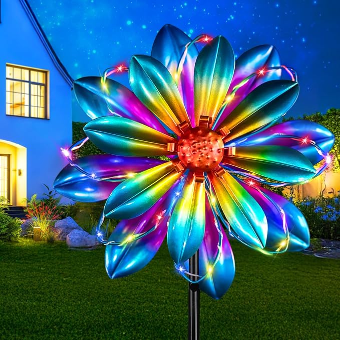 Flower Solar Wind Spinners- Metal Colorful Spinning Windmill Garden Ligths with LED Outdoor Decorative Stake Lighting Waterproof Flower Sculpture for Patio Yard-Ruum Studio Home