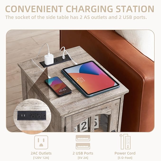 Narrow Side Table Set of 2,Farmhouse Nightstand with Charging Station,End Table with Glass Barn Door Storage, Cabinet Organizer with Adjustable Shelf, Night Stand for Small Spaces Living Room Bedroom-Ruum Studio Home
