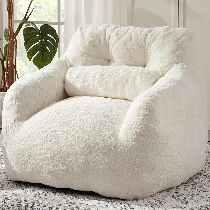Bean Bag Chair for Adults with Pillow,Oversized Bean Bag Couch Chairs for Adults,Giant Lazy Couch Sofa Chairs with Filler,Large Reading Chair for Living Room Bedroom,White-Ruum Studio Home