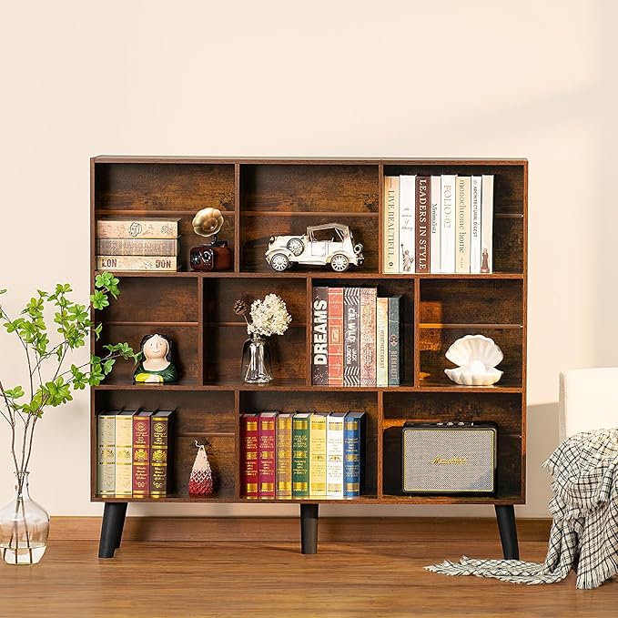 LEYAOYAO 10 Cube Bookshelf,3 Tier Modern Wide Bookcase with Legs,Mid-Century Wood Bookshelves Storage，Brown Large Book Case,Freestanding Organizer Display Shelf for Bedroom,Living Room,Office-Ruum Studio Home