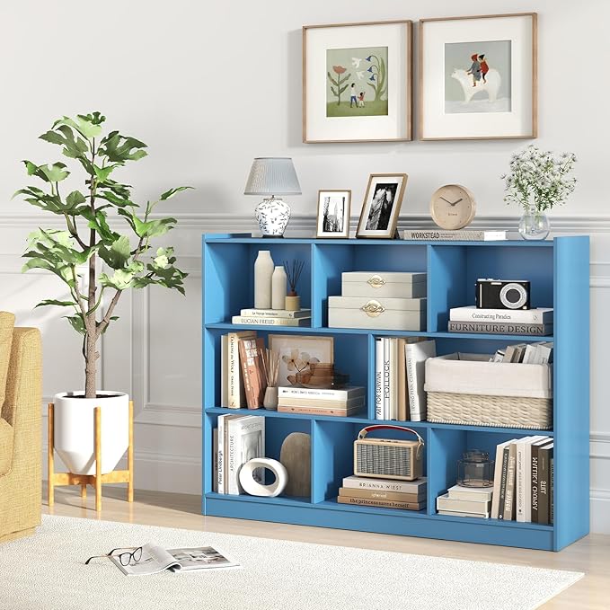 Tangkula 8-Cube Bookcase, Wood 3 Tier Open Storage Bookshelf, Modern Multipurpose Display Cabinet for Living Room, Study, Reading Nook, 48 x 12.5 x 36.5 Inch (Bright Blue)-Ruum Studio Home