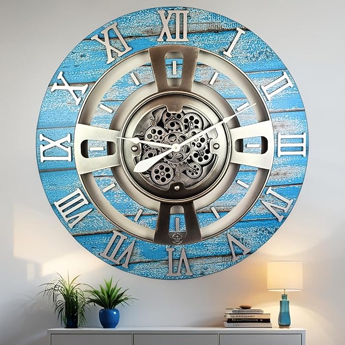 The Gears Clock Real Moving Gear Wall Clock England Line (Ocean Blue, 36 inches (90 cm))-Ruum Studio Home