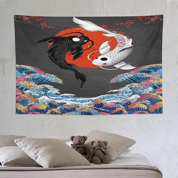 Houselerax Japanese Koi Fish Tapestries, Yin Yang Big Wave Cherry Blossom Tapestry Wall Hanging for Bedroom Living Room Office Decor 90"x60"-Ruum Studio Home