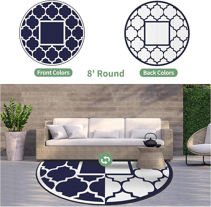 GENIMO 8' Round Outdoor Rug Waterproof for Patio Decor, Foldable Reversible Plastic Straw Area Rugs Mat for Rv, Outside Carpet for Camper, Deck, Picnic, Beach, Balcony, Camper, Blue & White-Ruum Studio Home