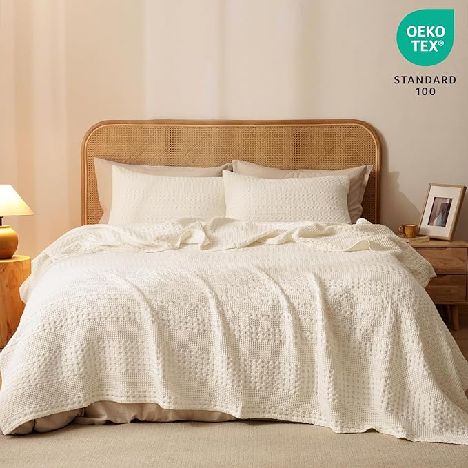 PHF 100% Cotton Waffle Weave Blanket King Size, Soft Lightweight Breathable Cozy Summer Blankets for Bed, Luxury Aesthetic Woven Bedding for Home Decor, 108"x90", Undyed-Ruum Studio Home