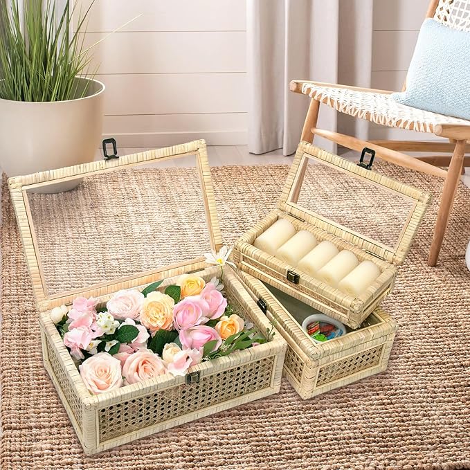 Rattan Decorative Boxes with Glass Lids, Set of 3 Sizes Boho Natural Hand-woven Cane Home Decor Organizers Storage Bins, Display Boxes Natural Finish-Ruum Studio Home