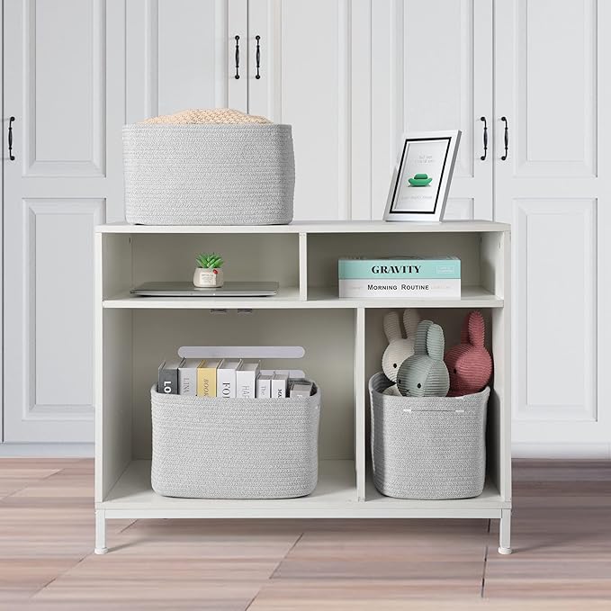 Cotton Rope storage Basket Bins Woven Basket for Organizing Shelves 14.5X9.5X9.3“ Rectangle Decorative Baskets For storage Clothes Toys Books Towels Square Wicker Nursery basket organizer 3 pack grey-Ruum Studio Home