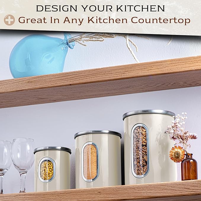 Moss & Stone 3-Piece Beige Canisters Sets For The Kitchen, Airtight Canister Set With See Through Window, Storage Jars for Coffee Container, Tea Organizer & Sugar Canister, Beige Kitchen Canisters-Ruum Studio Home
