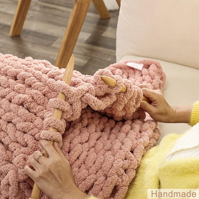 WESHIONGOO Chunky Knit Blanket Throw 50"×60" Knitted Throw Blankets for Couch Bed Fluffy Soft Blanket with Jumbo Chenille Yarn Thick 100% Handmade (Pink)-Ruum Studio Home